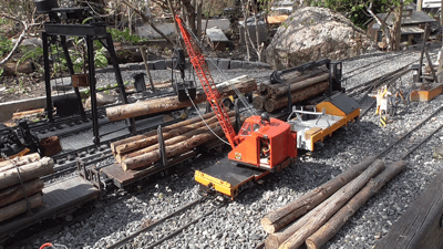 Schienen-Seilkran als Bagger beim Holzverladen